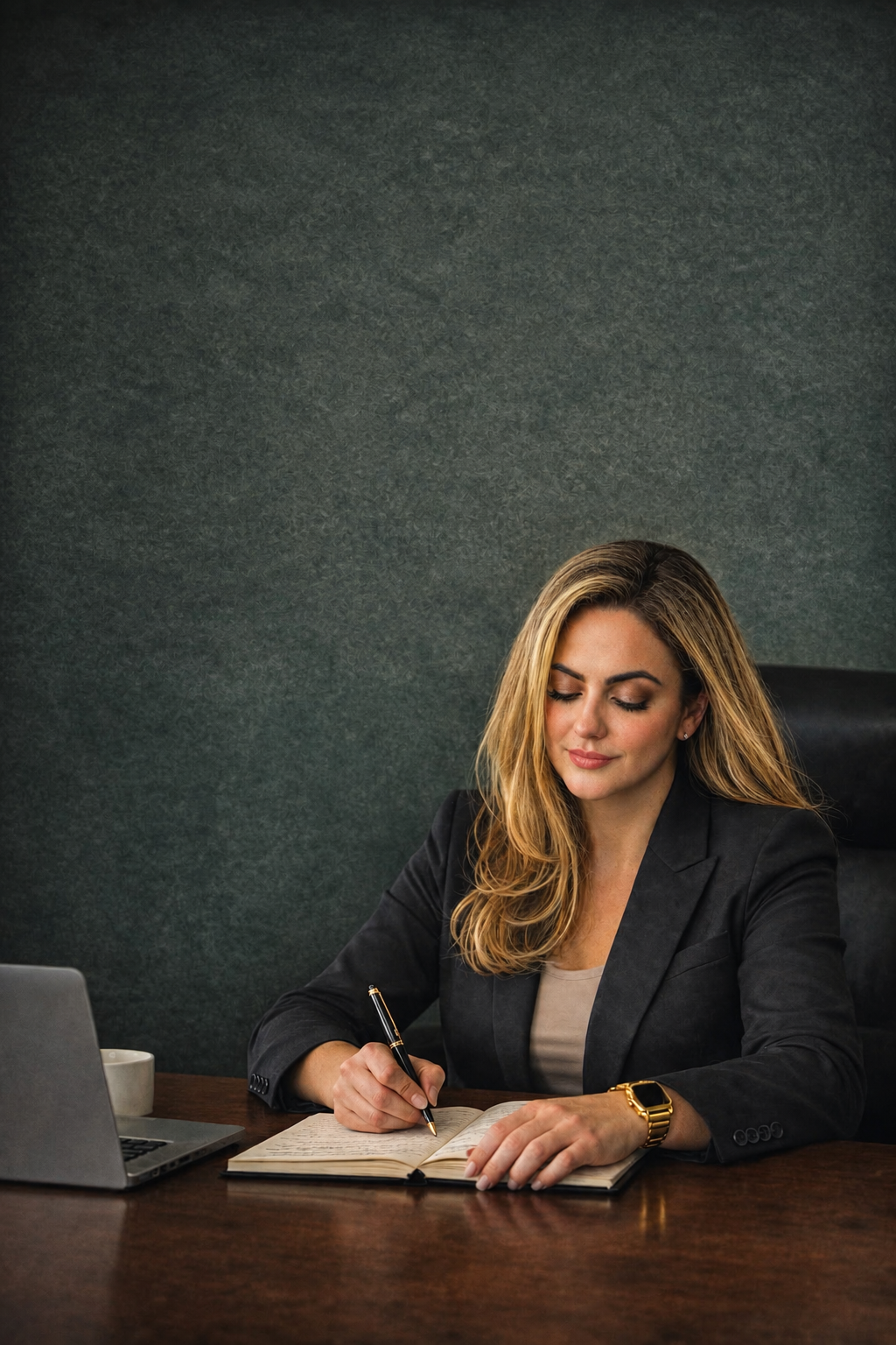 Gabriela Almeida, founder of Golden Hands, writing in a notebook at her desk