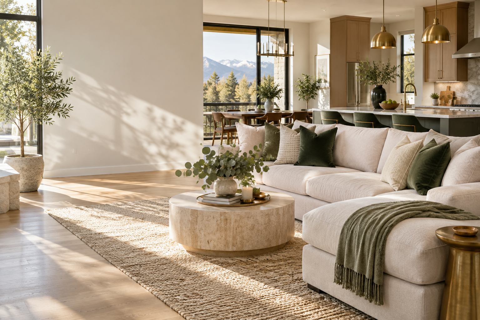 Bright, freshly cleaned living room and kitchen in a Colorado home